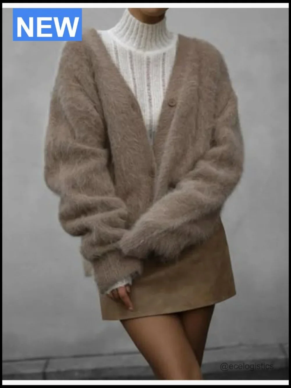 Fuzzy V-Neck Cardigan Sweater Long Sleeve Button Down Drop Shoulder